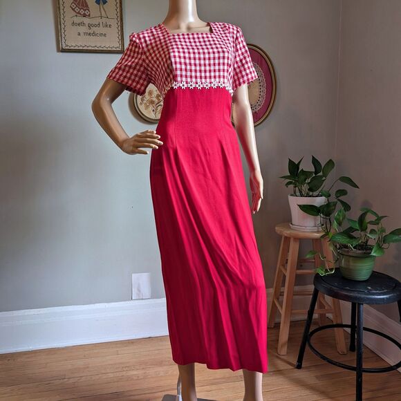 NWT Vintage 90s Betsy Lauren Gingham Dress Midi Button Slit Cottagecore Floral 7 - Picture 14 of 14
